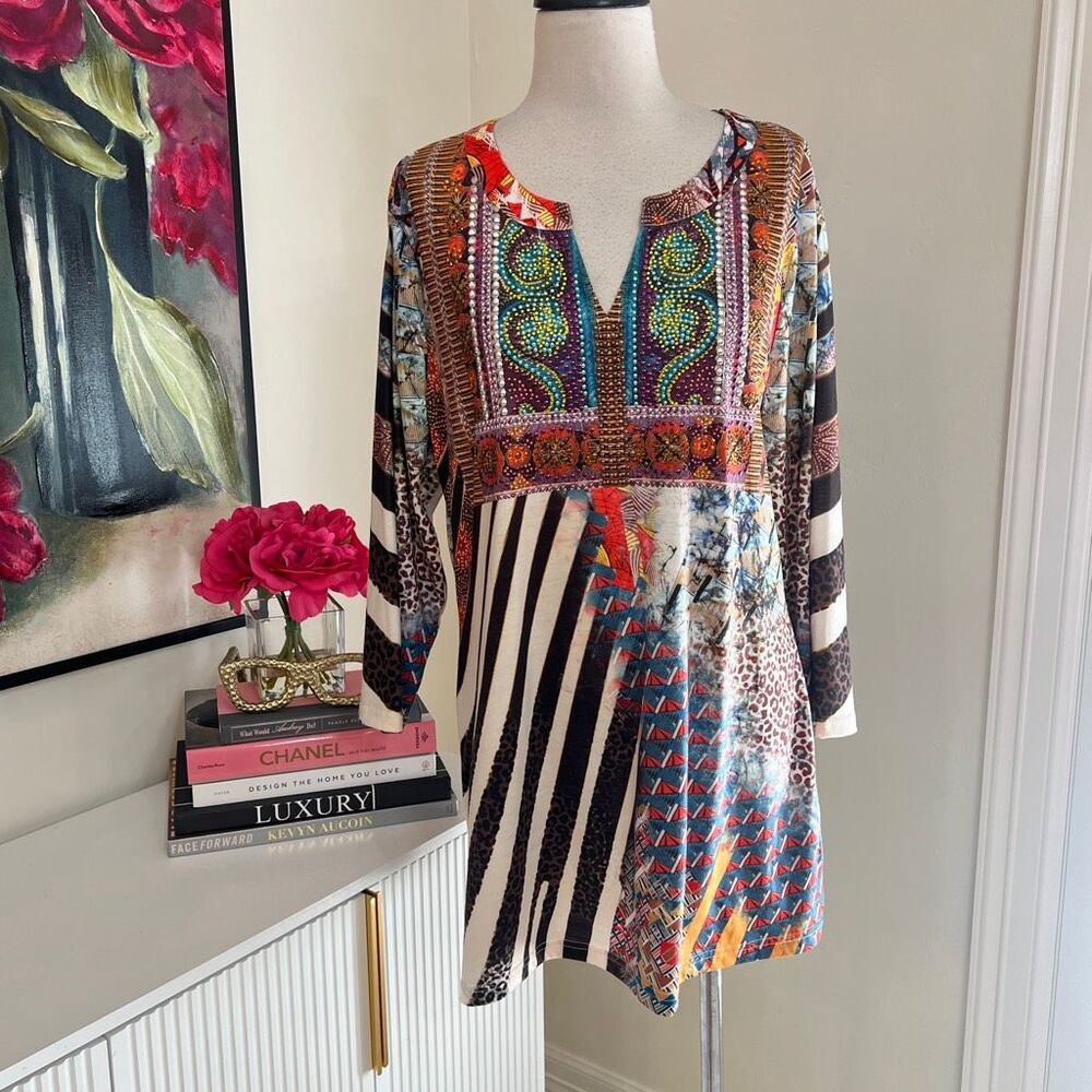 V Cristina Women's Studded Embellished 3/4 Sleeve Blouse Top Multicolor Size XL